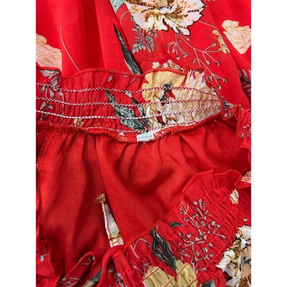 Red Floral Off Shoulder Dress With Smocked Waist Sheer Sleeves Sz Medium - Picture 6 of 11